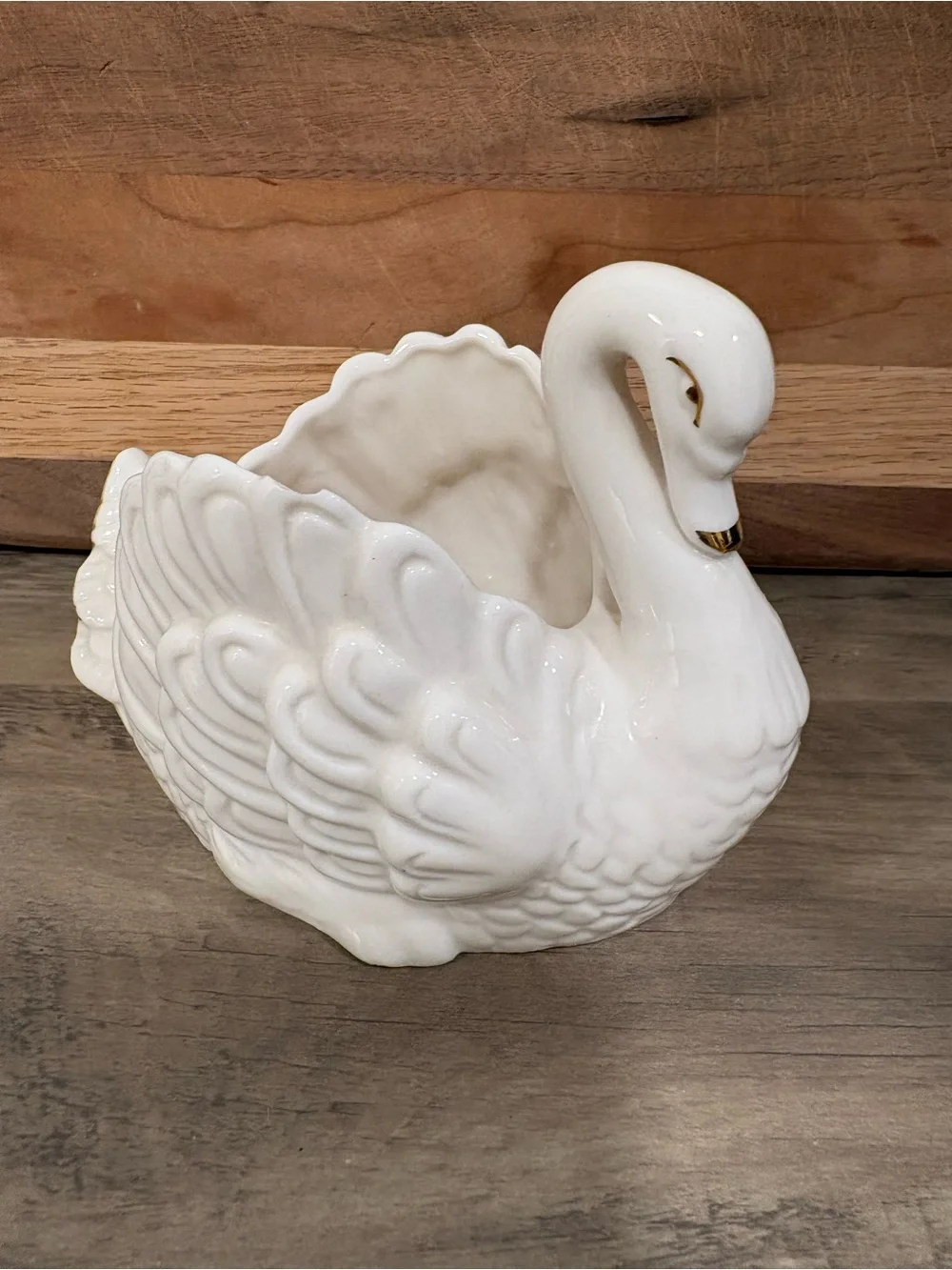 Vintage White Ceramic Swan Planter with Gold Accents